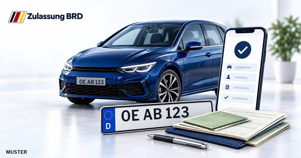 Online Fahrzeugzulassung in Finnentrop: Musterkennzeichen OE AB 123, Auto und Fahrzeugpapiere und Smartphone. Illustration mit Logo von Zulassung BRD.